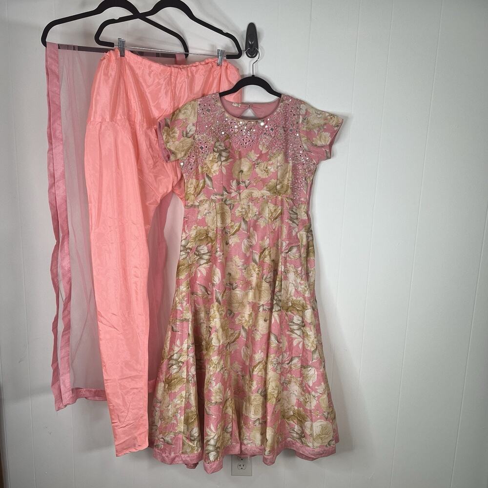 Women’s XL Pink Floral Salwar Kameez Suit Dupatta Mirror Work 3 Pc Indian Set